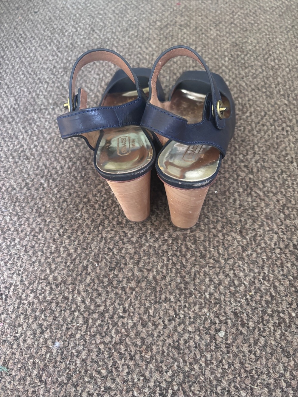 Coach Navy Leather Wedge Sandals with Tan Wood Platform - Picture 4 of 6